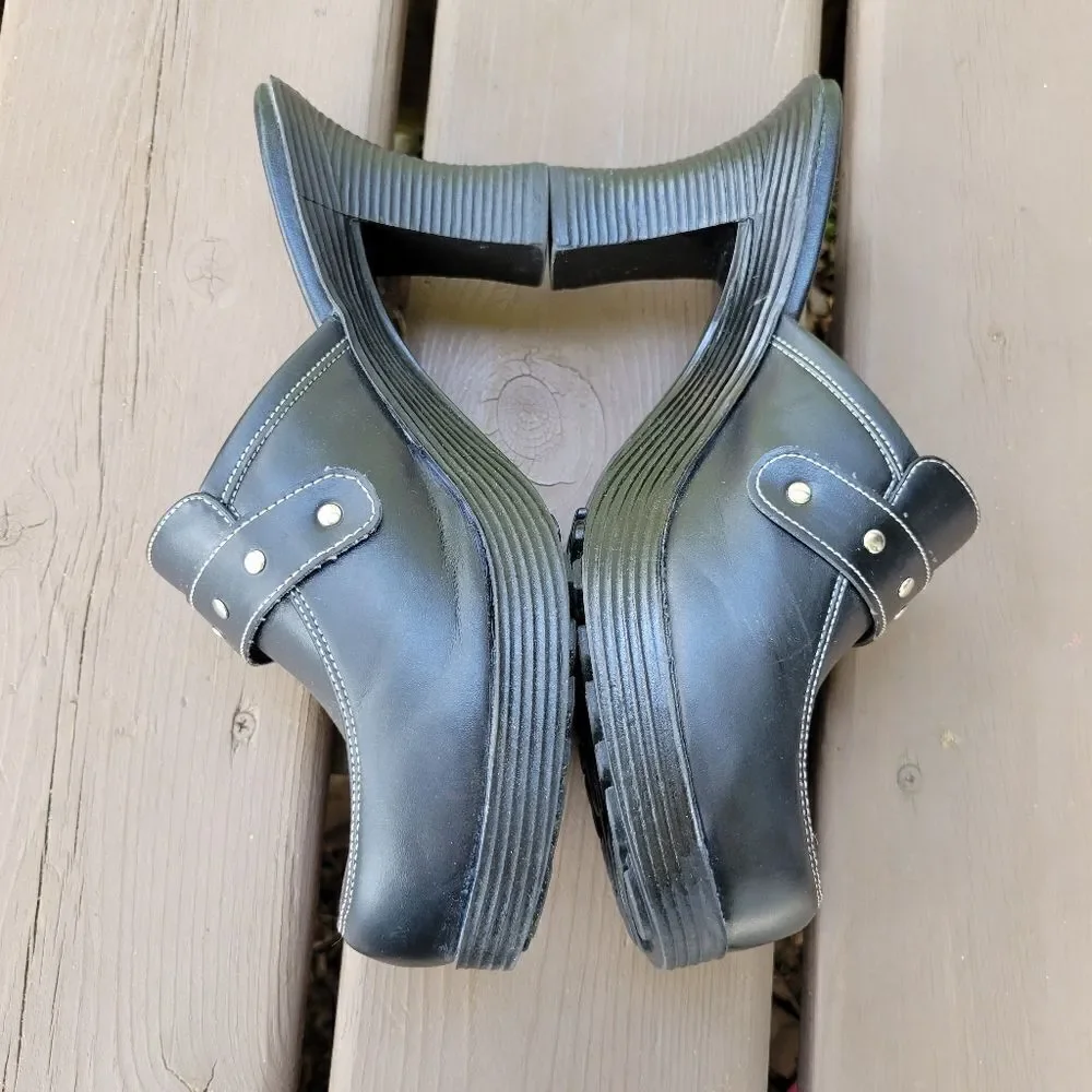 Vintage 90s y2k Bratz Black Faux Vegan Leather Chunky Heel Platform Buckle Mules